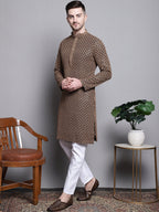 Jompers Men's Sequin Embroidered Pure Cotton Kurta with Pyjamas - Brown | Grocsy