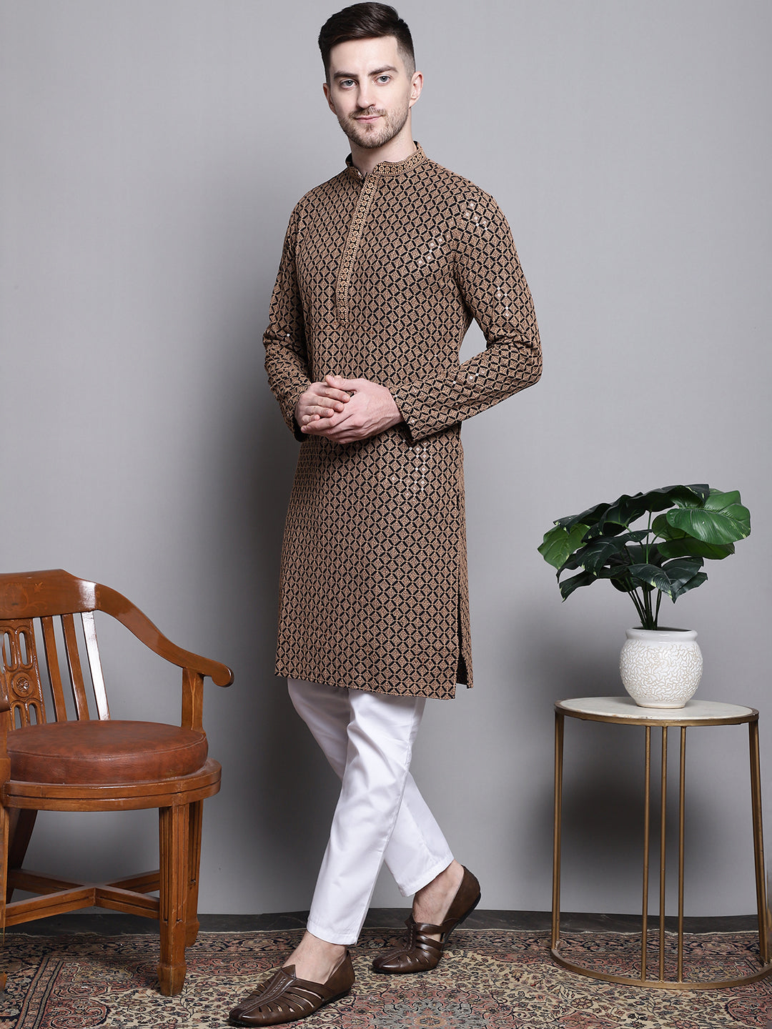 Jompers Men's Sequin Embroidered Pure Cotton Kurta with Pyjamas - Brown | Grocsy