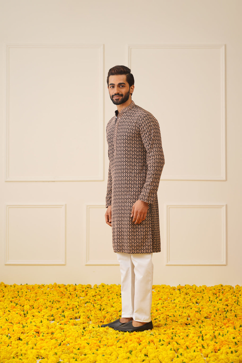 Jompers Men's Sequin Embroidered Pure Cotton Kurta - Brown | Grocsy