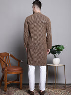 Jompers Men's Sequin Embroidered Pure Cotton Kurta with Pyjamas - Brown | Grocsy