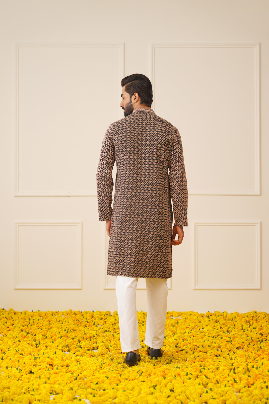 Jompers Men's Sequin Embroidered Pure Cotton Kurta - Brown | Grocsy