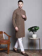 Jompers Men's Sequin Embroidered Pure Cotton Kurta with Pyjamas - Brown | Grocsy