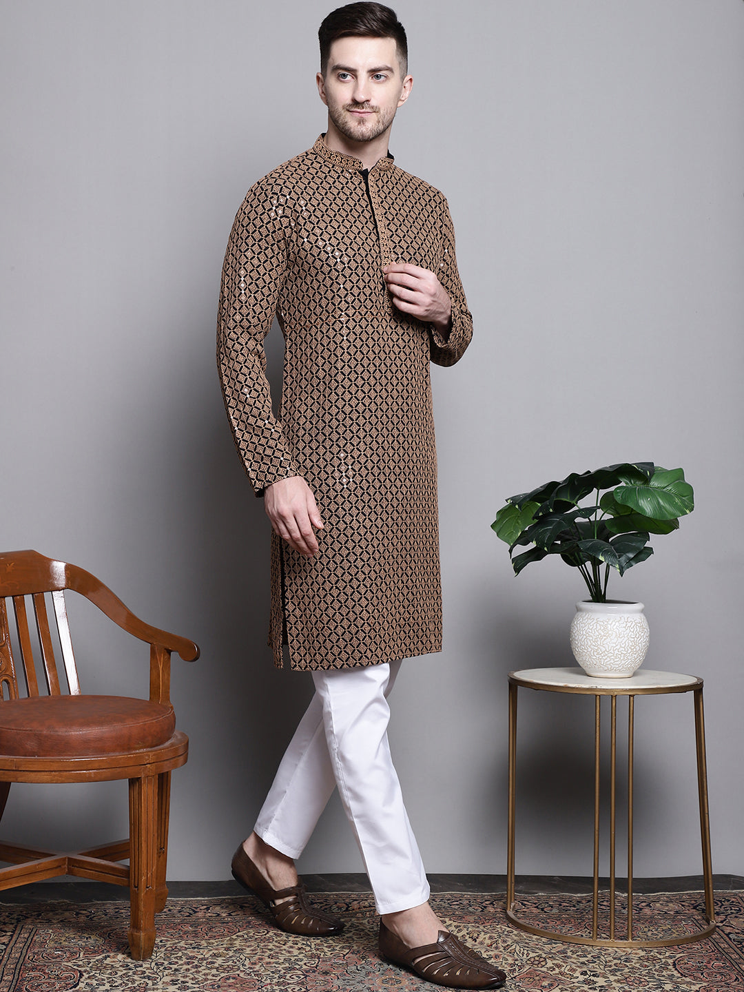 Jompers Men's Sequin Embroidered Pure Cotton Kurta with Pyjamas - Brown | Grocsy