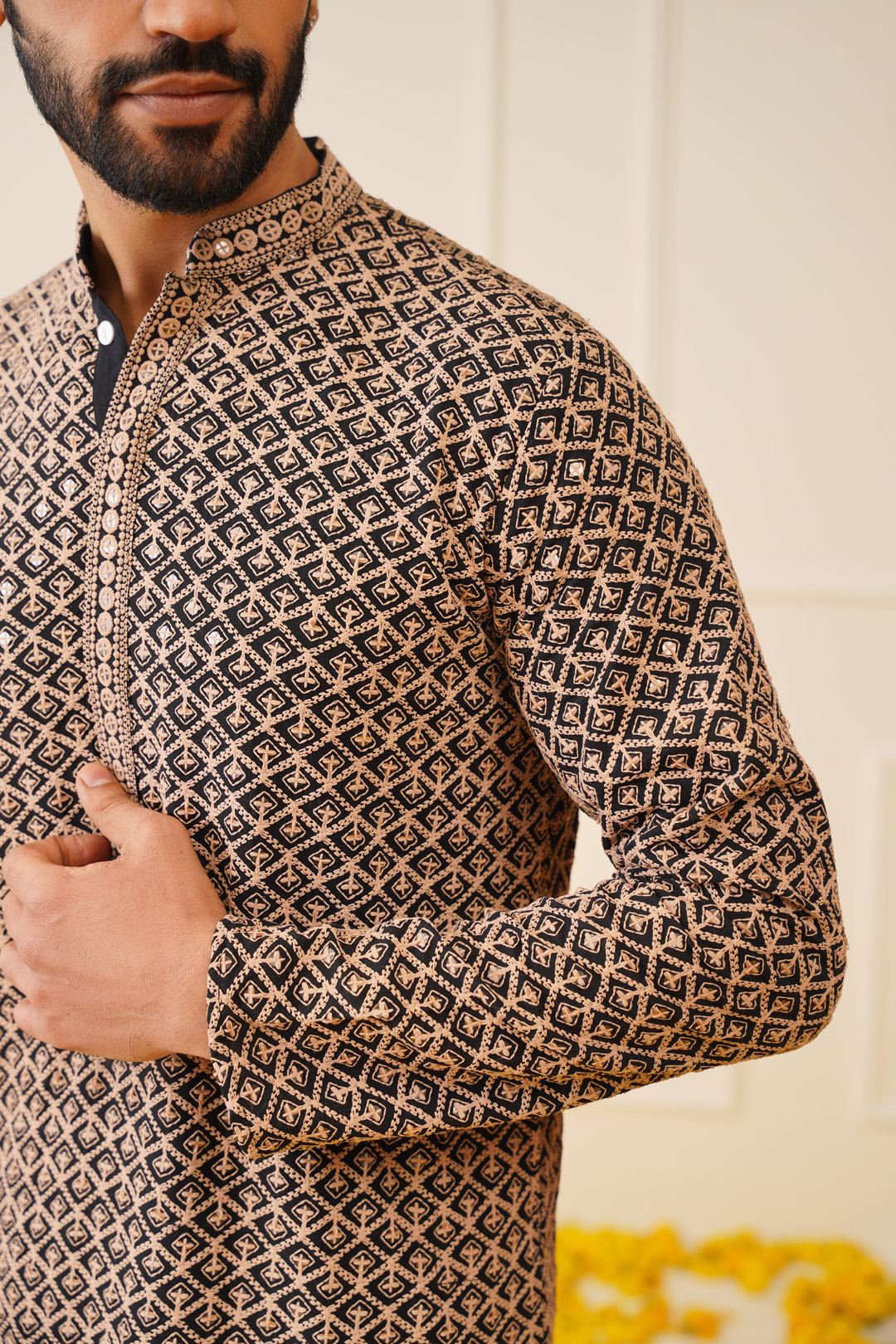 Jompers Men's Sequin Embroidered Pure Cotton Kurta - Brown | Grocsy