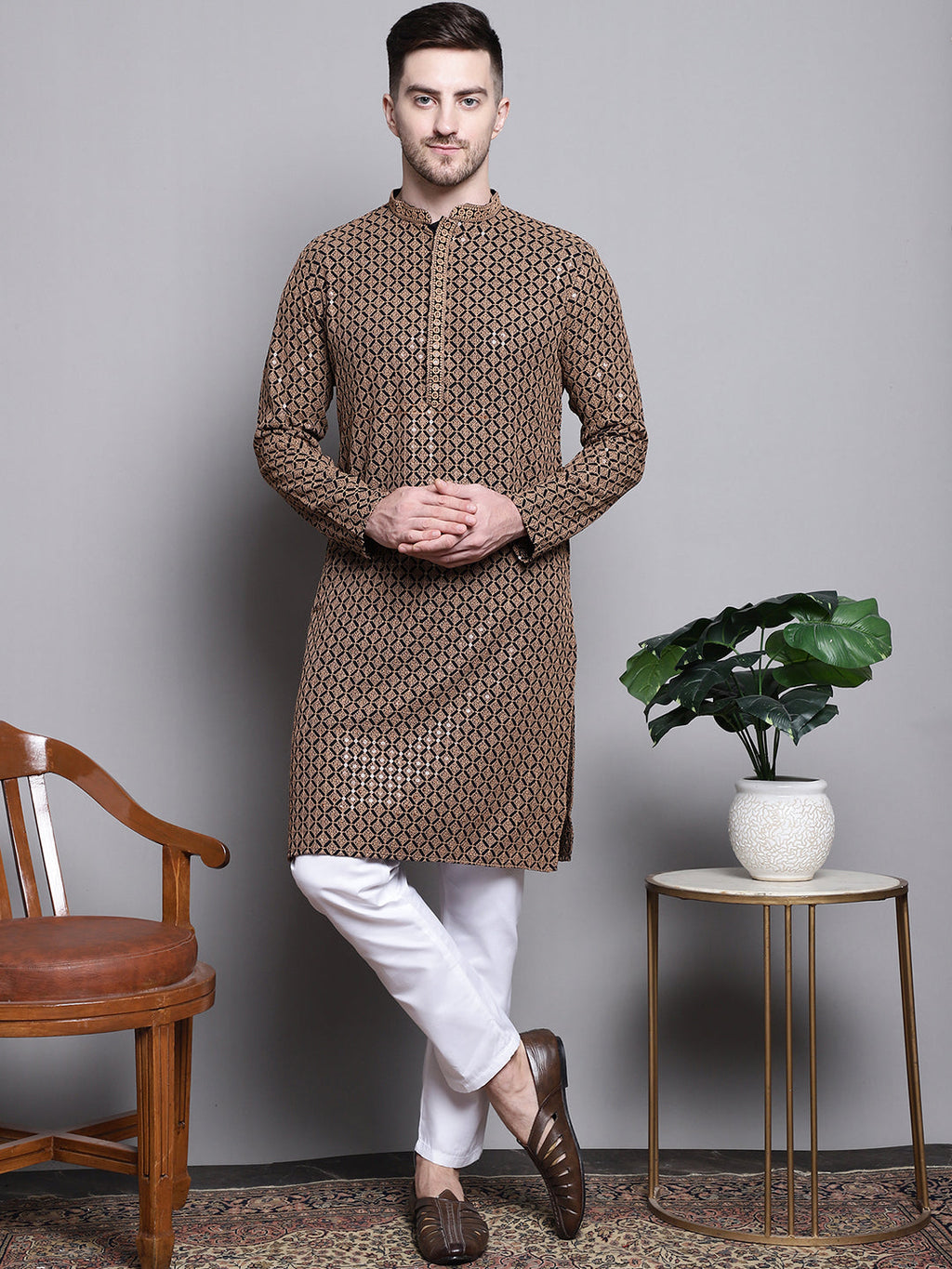 Jompers Men's Sequin Embroidered Pure Cotton Kurta with Pyjamas - Brown | Grocsy