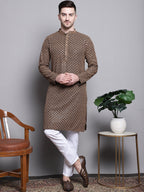 Jompers Men's Sequin Embroidered Pure Cotton Kurta with Pyjamas - Brown | Grocsy