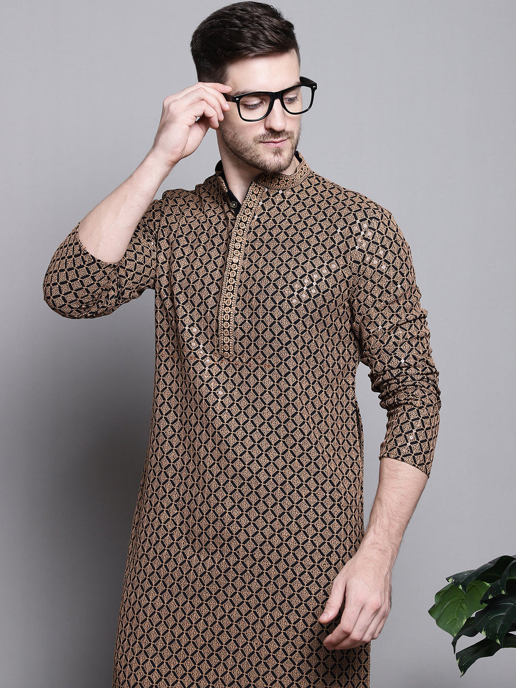 Jompers Men's Sequin Embroidered Pure Cotton Kurta with Pyjamas - Brown | Grocsy