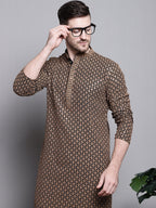 Jompers Men's Sequin Embroidered Pure Cotton Kurta with Pyjamas - Brown | Grocsy