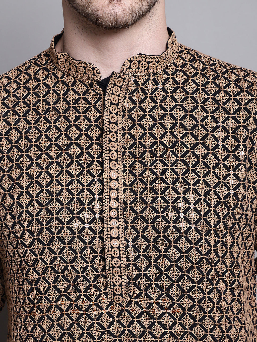 Jompers Men's Sequin Embroidered Pure Cotton Kurta with Pyjamas - Brown | Grocsy