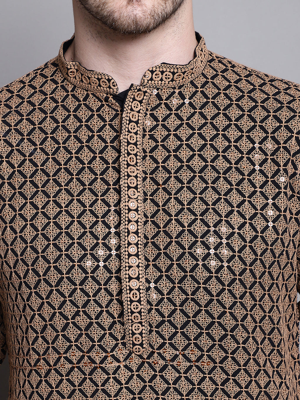 Jompers Men's Sequin Embroidered Pure Cotton Kurta with Pyjamas - Brown | Grocsy