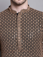 Jompers Men's Sequin Embroidered Pure Cotton Kurta with Pyjamas - Brown | Grocsy