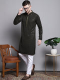 Jompers Men's Sequin Embroidered Pure Cotton Kurta with Pyjamas - Mehndi | Grocsy