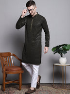 Jompers Men's Sequin Embroidered Pure Cotton Kurta with Pyjamas - Mehndi | Grocsy