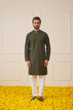 Jompers Men's Sequin Embroidered Pure Cotton Kurta - Mehndi | Grocsy