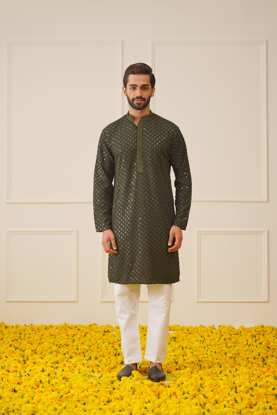 Jompers Men's Sequin Embroidered Pure Cotton Kurta - Mehndi | Grocsy