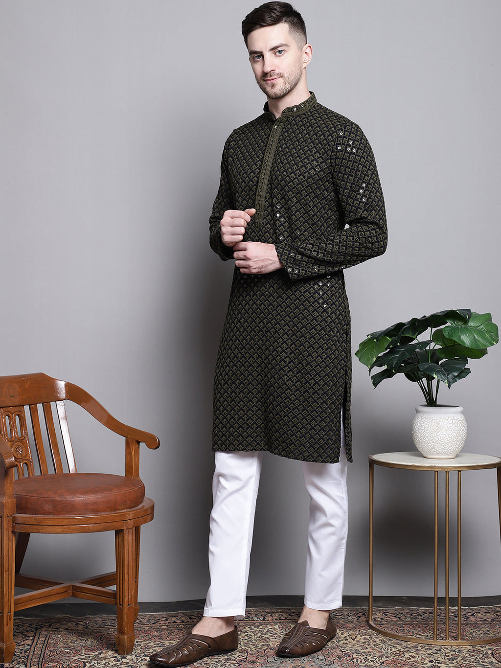 Jompers Men's Sequin Embroidered Pure Cotton Kurta with Pyjamas - Mehndi | Grocsy