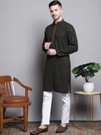Jompers Men's Sequin Embroidered Pure Cotton Kurta with Pyjamas - Mehndi | Grocsy