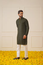 Jompers Men's Sequin Embroidered Pure Cotton Kurta - Mehndi | Grocsy