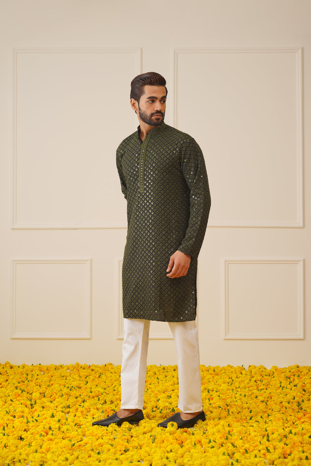 Jompers Men's Sequin Embroidered Pure Cotton Kurta - Mehndi | Grocsy