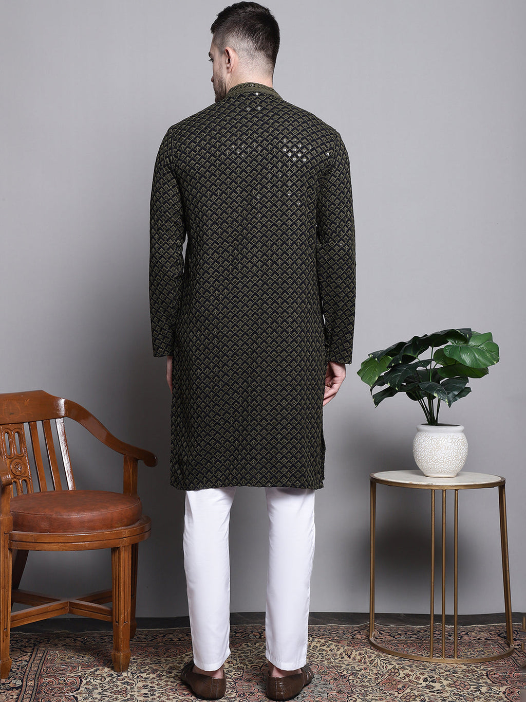 Jompers Men's Sequin Embroidered Pure Cotton Kurta with Pyjamas - Mehndi | Grocsy