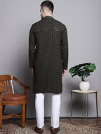 Jompers Men's Sequin Embroidered Pure Cotton Kurta with Pyjamas - Mehndi | Grocsy