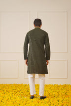 Jompers Men's Sequin Embroidered Pure Cotton Kurta - Mehndi | Grocsy