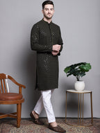 Jompers Men's Sequin Embroidered Pure Cotton Kurta with Pyjamas - Mehndi | Grocsy