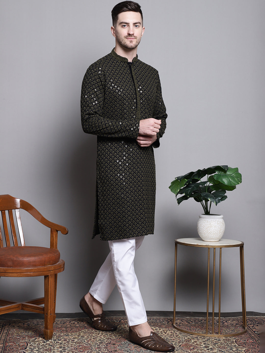 Jompers Men's Sequin Embroidered Pure Cotton Kurta with Pyjamas - Mehndi | Grocsy