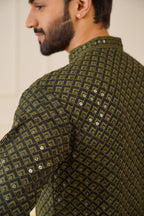 Jompers Men's Sequin Embroidered Pure Cotton Kurta - Mehndi | Grocsy