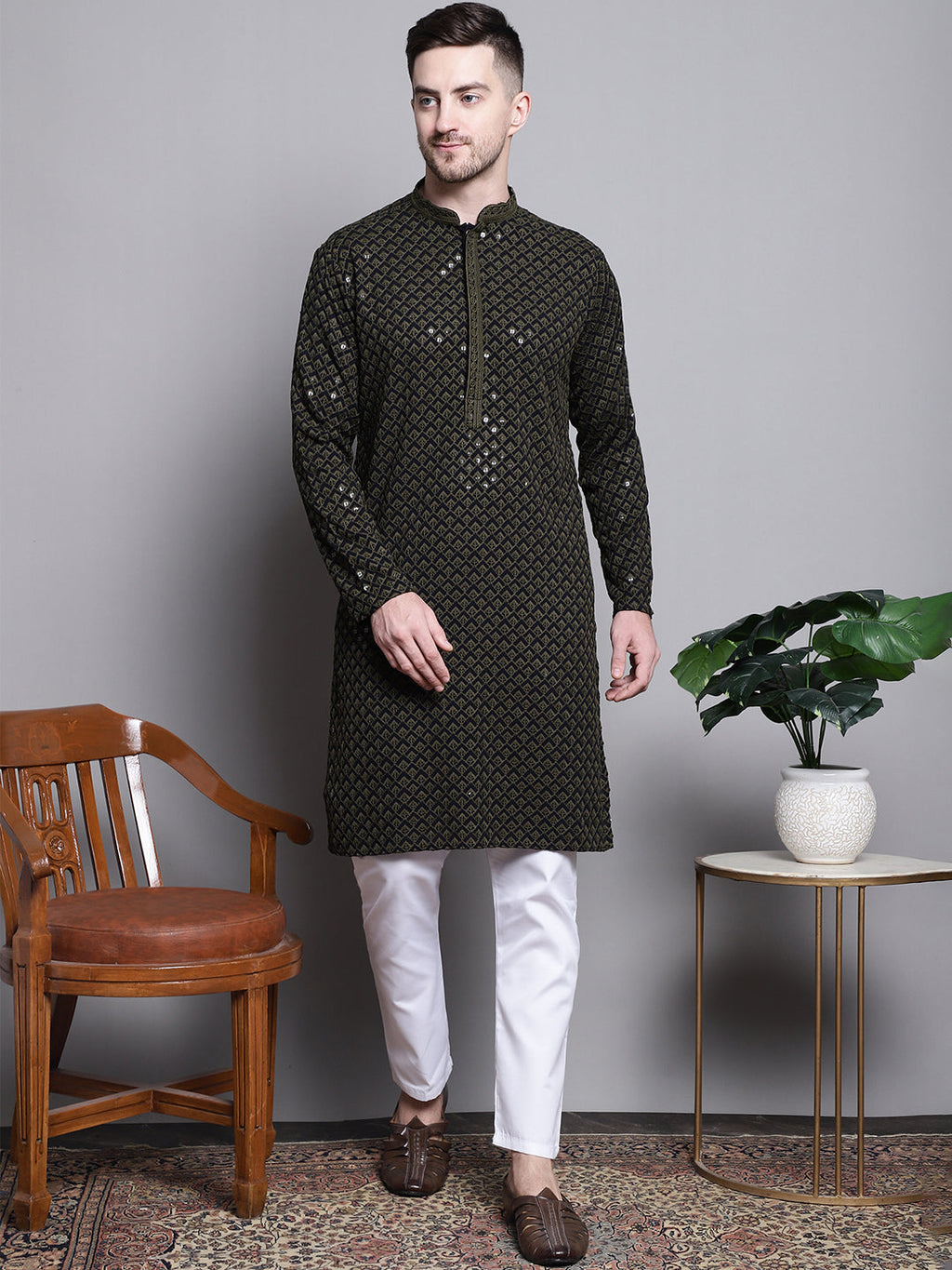 Jompers Men's Sequin Embroidered Pure Cotton Kurta with Pyjamas - Mehndi | Grocsy