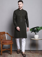 Jompers Men's Sequin Embroidered Pure Cotton Kurta with Pyjamas - Mehndi | Grocsy