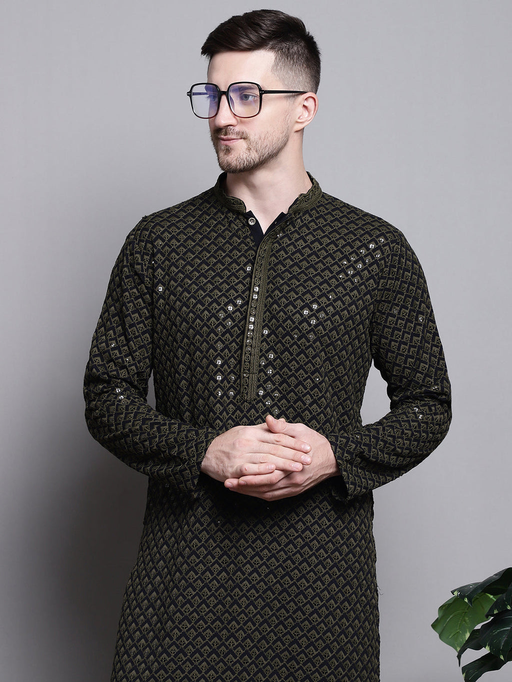 Jompers Men's Sequin Embroidered Pure Cotton Kurta with Pyjamas - Mehndi | Grocsy