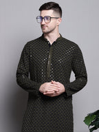 Jompers Men's Sequin Embroidered Pure Cotton Kurta with Pyjamas - Mehndi | Grocsy