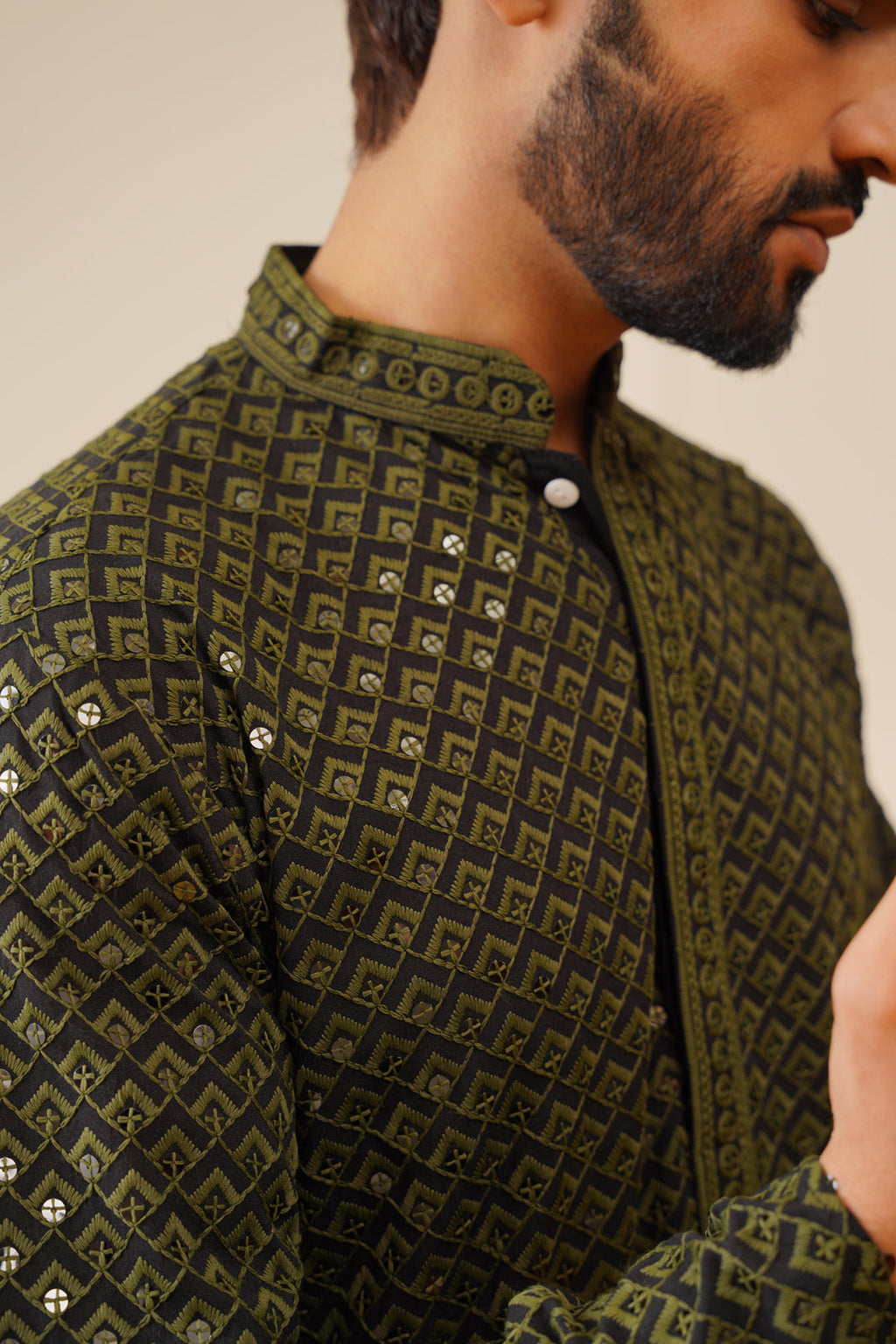 Jompers Men's Sequin Embroidered Pure Cotton Kurta - Mehndi | Grocsy