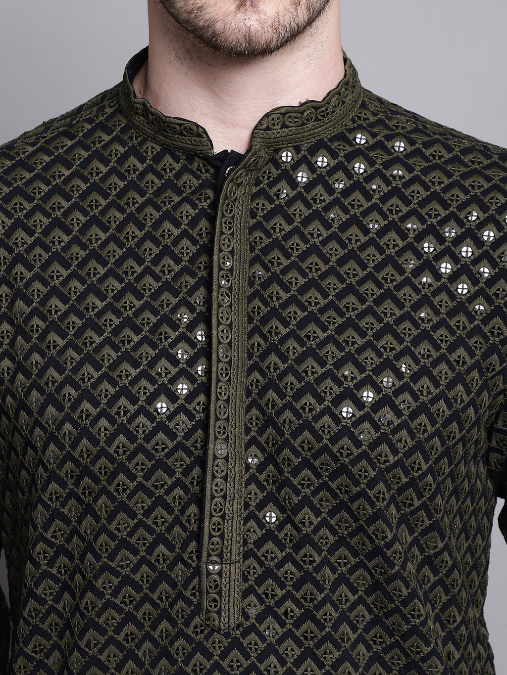 Jompers Men's Sequin Embroidered Pure Cotton Kurta with Pyjamas - Mehndi | Grocsy