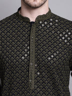 Jompers Men's Sequin Embroidered Pure Cotton Kurta with Pyjamas - Mehndi | Grocsy