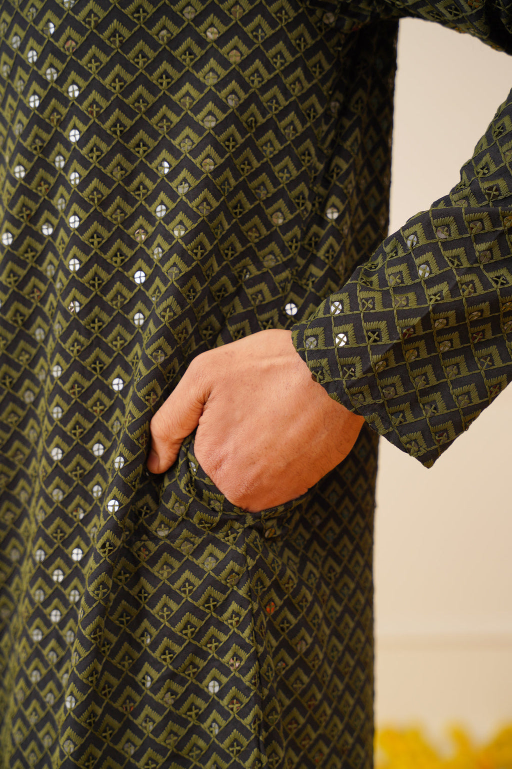 Jompers Men's Sequin Embroidered Pure Cotton Kurta - Mehndi | Grocsy