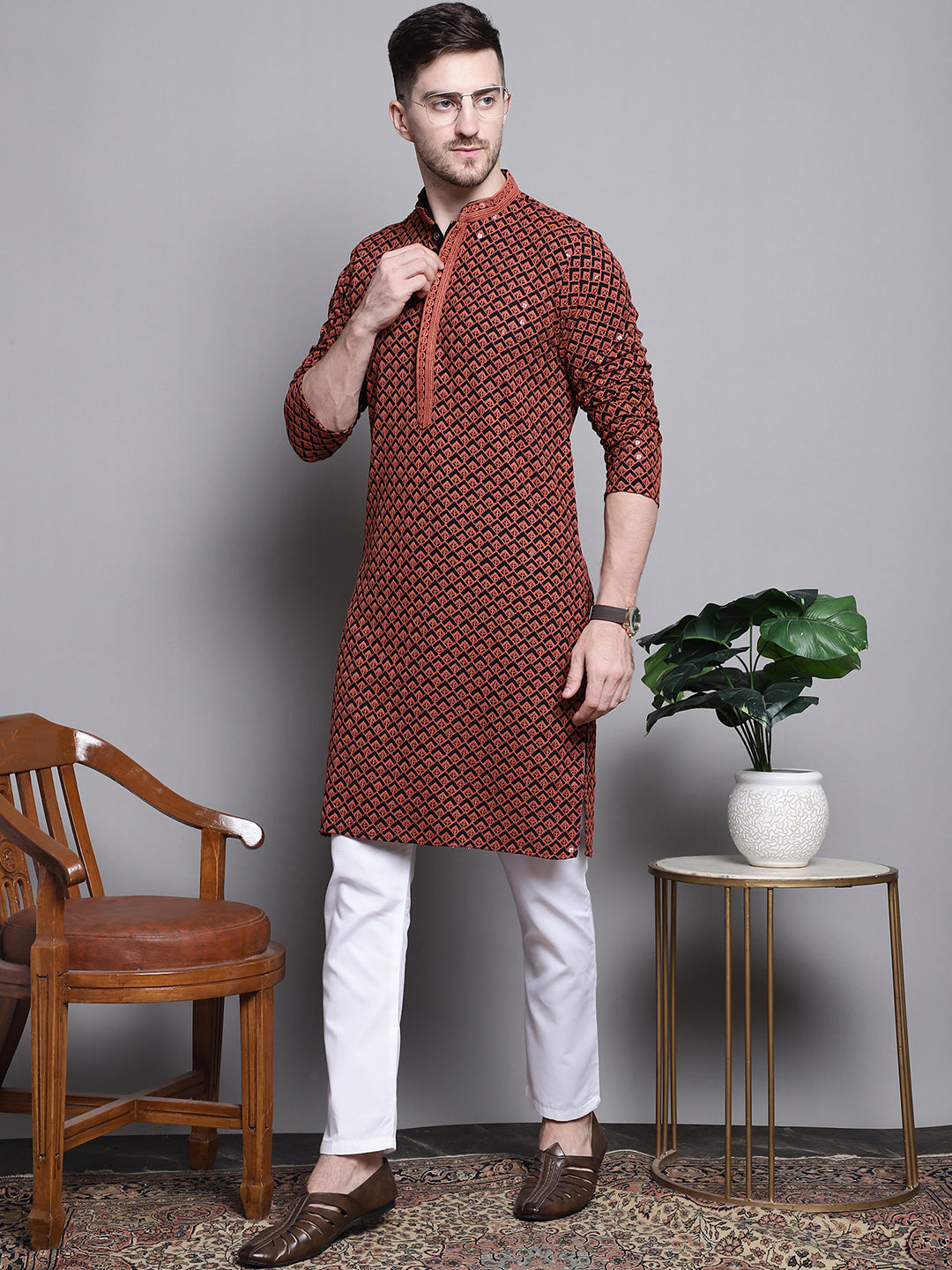 Jompers Men's Sequin Embroidered Pure Cotton Kurta with Pyjamas - Orange | Grocsy