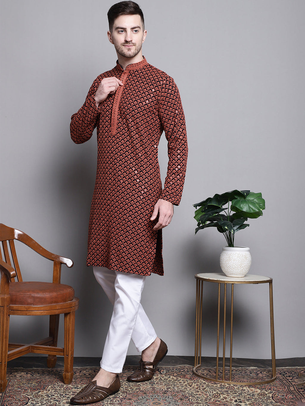 Jompers Men's Sequin Embroidered Pure Cotton Kurta with Pyjamas - Orange | Grocsy