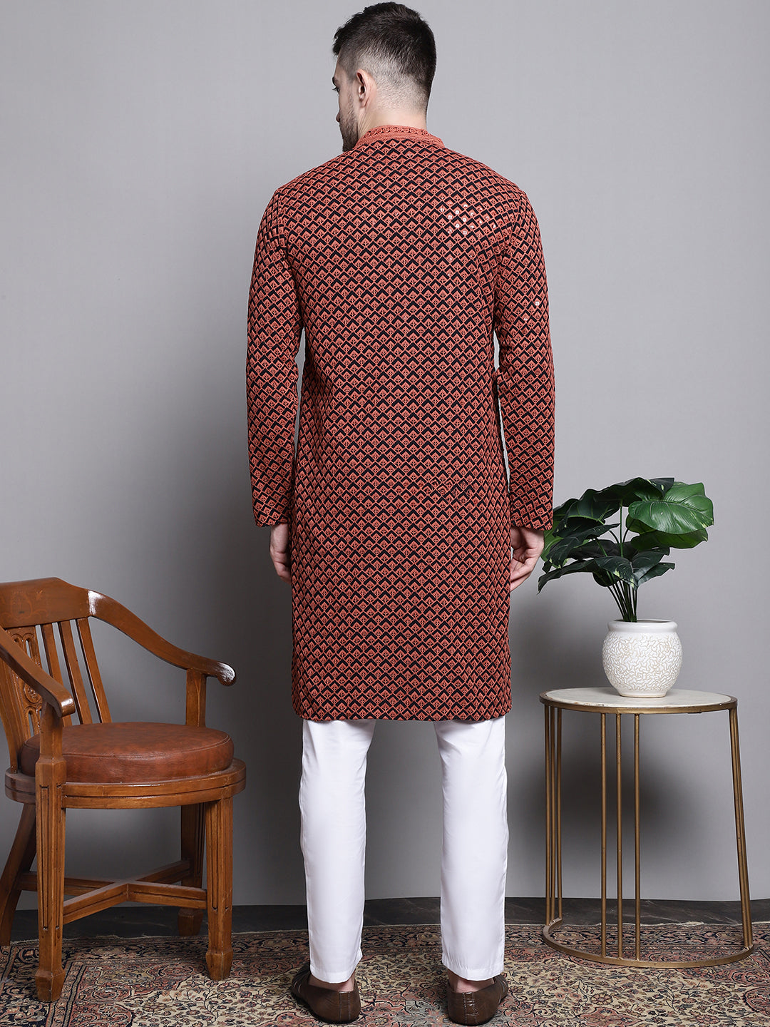 Jompers Men's Sequin Embroidered Pure Cotton Kurta with Pyjamas - Orange | Grocsy