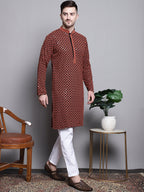 Jompers Men's Sequin Embroidered Pure Cotton Kurta with Pyjamas - Orange | Grocsy