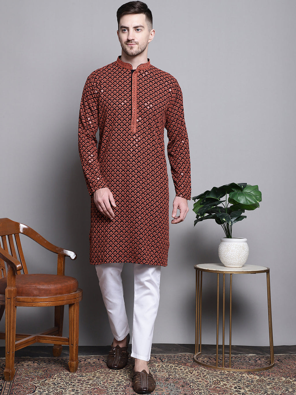 Jompers Men's Sequin Embroidered Pure Cotton Kurta with Pyjamas - Orange | Grocsy