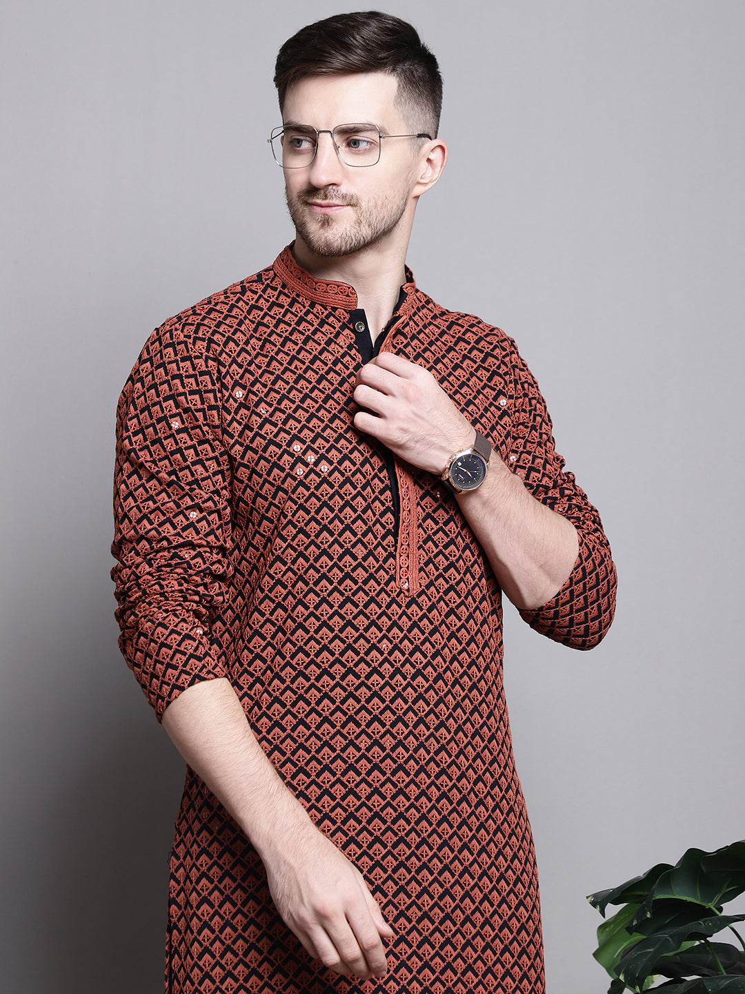 Jompers Men's Sequin Embroidered Pure Cotton Kurta with Pyjamas - Orange | Grocsy