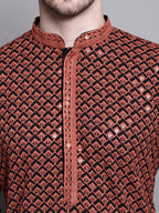 Jompers Men's Sequin Embroidered Pure Cotton Kurta with Pyjamas - Orange | Grocsy
