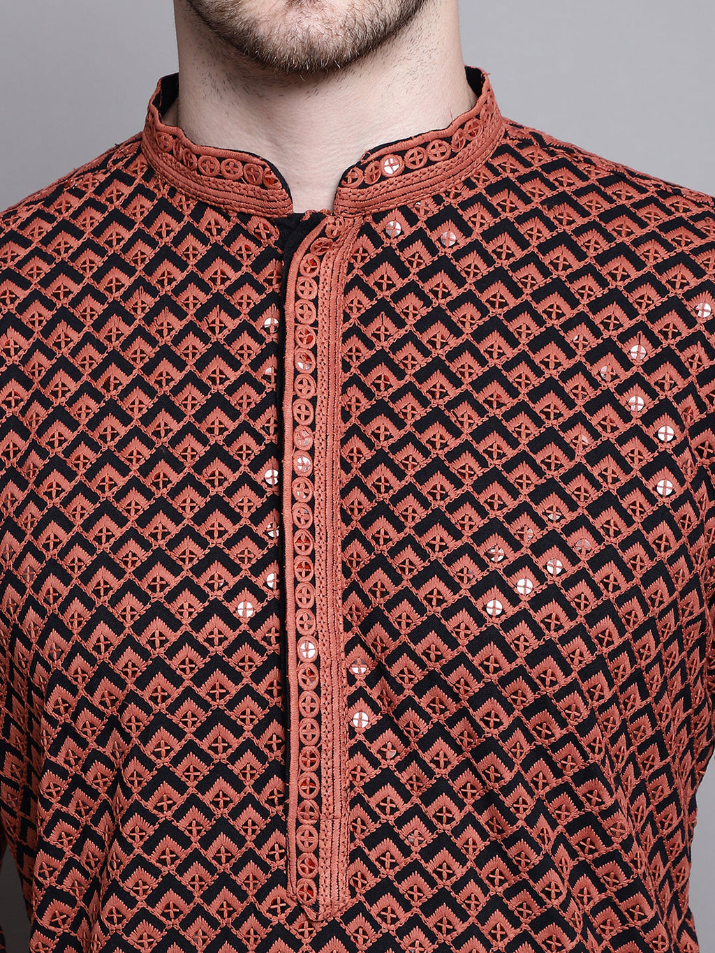 Jompers Men's Sequin Embroidered Pure Cotton Kurta with Pyjamas - Orange | Grocsy