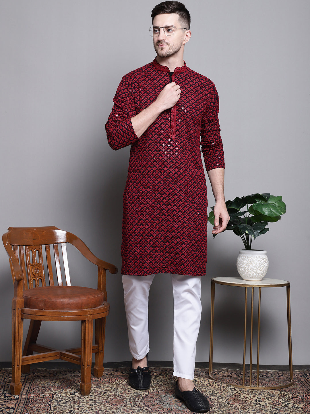Jompers Men's Sequin Embroidered Pure Cotton Kurta with Pyjamas - Red | Grocsy