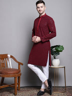 Jompers Men's Sequin Embroidered Pure Cotton Kurta with Pyjamas - Red | Grocsy
