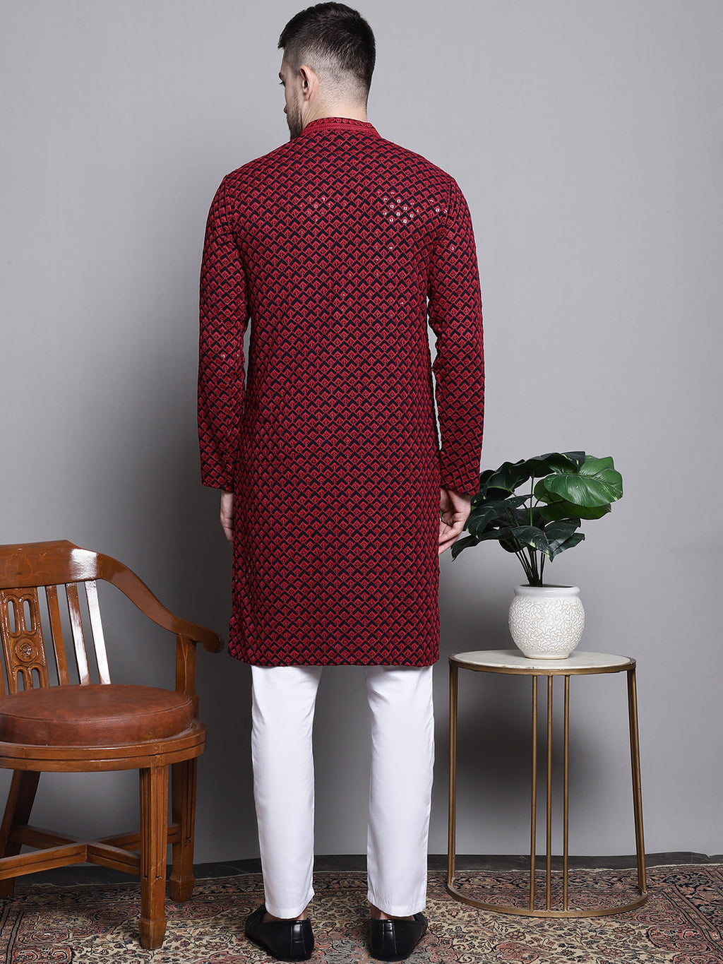 Jompers Men's Sequin Embroidered Pure Cotton Kurta with Pyjamas - Red | Grocsy