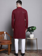 Jompers Men's Sequin Embroidered Pure Cotton Kurta with Pyjamas - Red | Grocsy