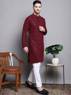 Jompers Men's Sequin Embroidered Pure Cotton Kurta with Pyjamas - Red | Grocsy
